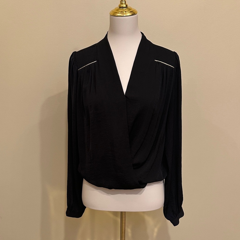 Heartloom Black Long Sleeve Wrap Blouse with Gold Metallic Detail- Size M